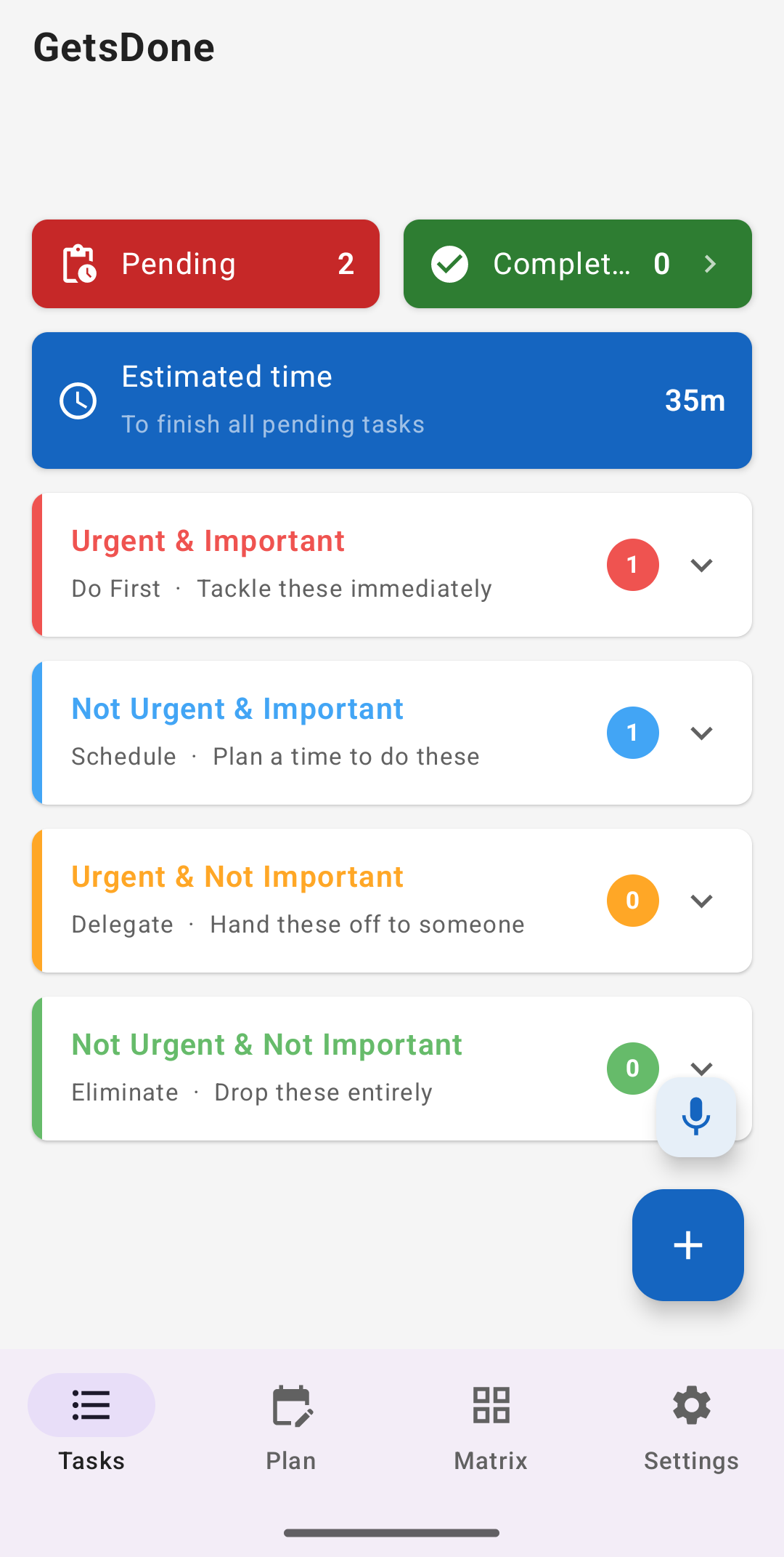 GetsDone tasks overview screen
